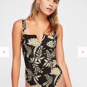 Free People Floral Notch One-Piece Bodysuit - Black & Cream